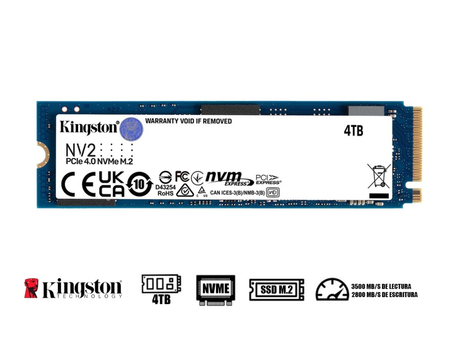 Unidad De Almacenamiento Ssd M.2 Pcie Kingston 4tb Nvme Nv2, 2280 (snv2s/4000g) 3500mb/s