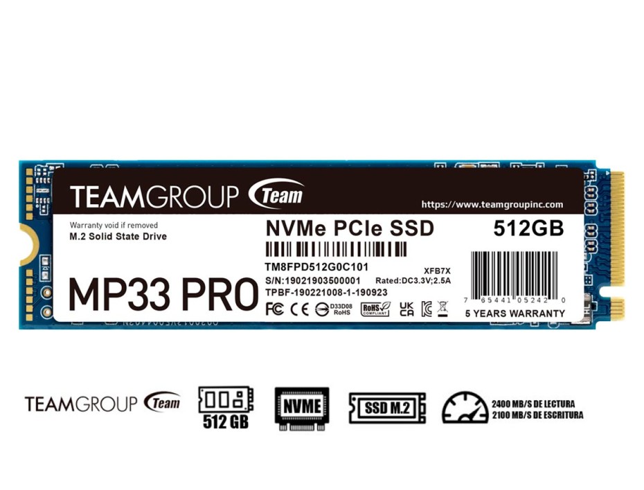 DISCO SOLIDO SSD M.2 PCIE TEAMGROUP 512GB 2280 MP33 PRO, NVIME, UNIDAD INTERNA DE ESTADO SOLIDO, PARA PC, LAPTOP, LECTURA 2100MB/S (TM8FPD512G0C101)