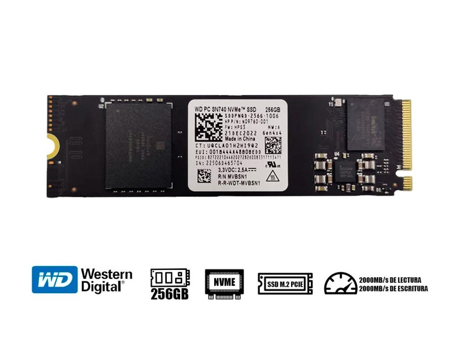 DISCO SOLIDO SSD M.2 PCIE WESTER DIGITAL 256GB PC SN740 OEM, GEN3X4, NVME, PARA PC Y LAPTOP, LECTURA 2000MBPS (SDDPNQD-256G-OEM)