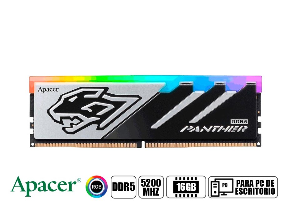 MEMORIA RAM APACER DDR5 16GB, FRECUENCIA 5200 MHZ, RGB, PANTHER DDR5, PARA PC DE ESCRITORIO (AH5U16G52C5229BAA-1)