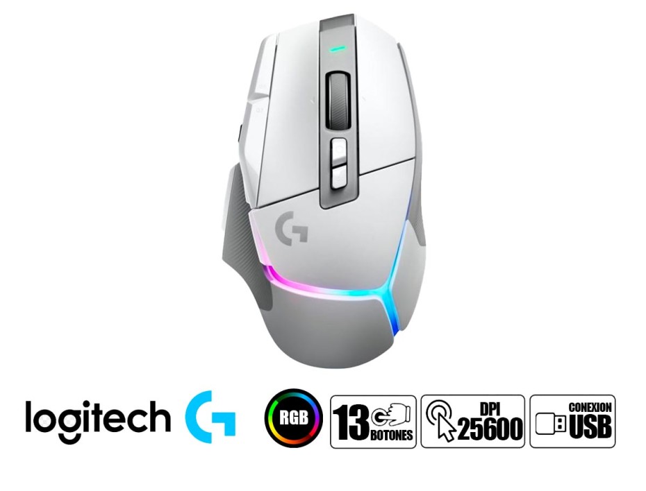 Mouse Inalambrico Logitech G502 X Plus Gaming (910-006169) Hasta 25.600 Dpi, 13 Botones Programables, Receptor Usb, Rgb, Blanco