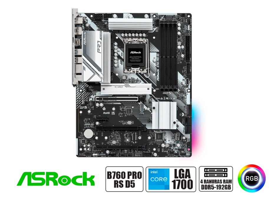 Placa Madre Asrock B760 Pro Rs (90-mxbks0-a0uayz) Socket Lga 1700, Ram Ddr5 Buss 7200oc Mhz, 14va, 13va, 12va Gen, Rgb