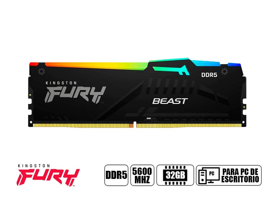 Memoria Ram Kingston Fury Ddr5 32gb Beast (kf556c40bba-32) 5600 Mt/s, Negro, Rgb