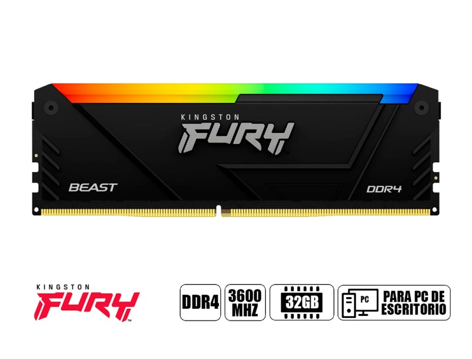 Memoria Ram Kingston Fury Ddr4 32gb Beast (kf436c18bb2a/32) 3600 Mhz, Rgb