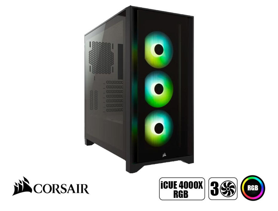 Case Corsair Icue 4000x Rgb S/fuente (cc-9011204-ww) Panel De Vidrio, 3 Ventiladores, Led Rgb, Negro