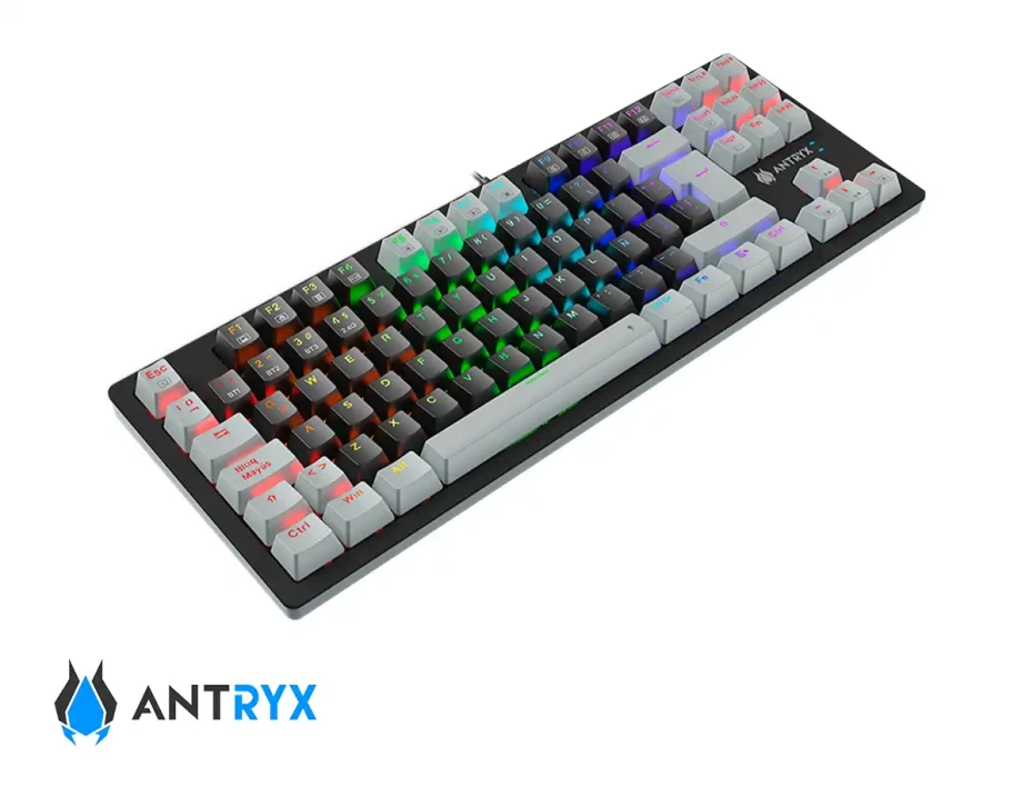 Teclado Gamer Inalambrico Antryx Tkl Mk-845 Trix (amk-845txkbl-sp) Mecanico, Switch Blue, Led Rgb, Negro Y Gris