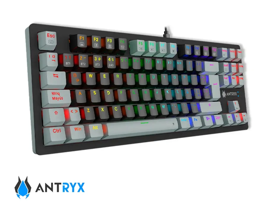 Teclado Gamer Inalambrico Antryx Tkl Mk-845 Trix (amk-845txkbl-sp) Mecanico, Switch Blue, Led Rgb, Negro Y Gris