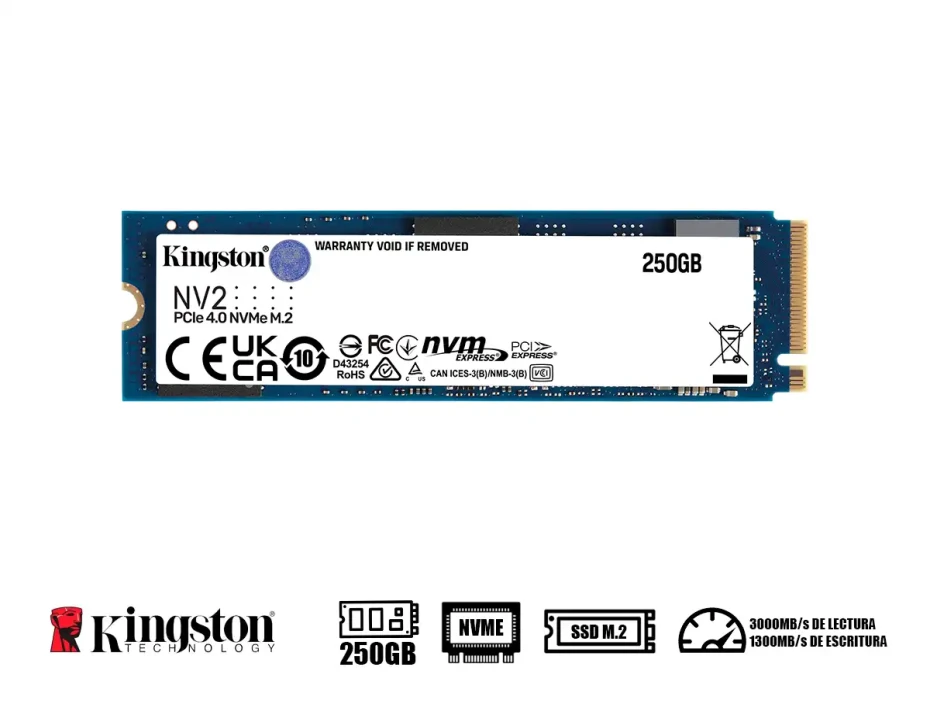 Unidad De Almacenamiento Ssd M.2 Pcie Kingston 250gb Nvme Nv2, 2280 (snv2s/250g) 3000mb/s