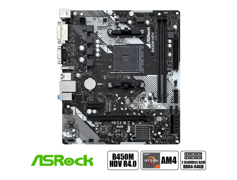 Placa Madre Asrock B450m-hdv R4.0 (90-mxb9n0-a0uayz) Socket Am4, Ram Ddr4 Buss 3200oc Mhz