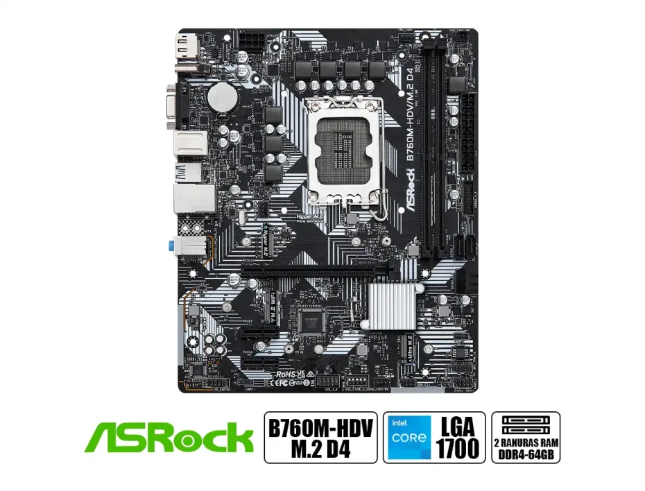 Placa Madre Asrock B760m-hdv-m.2 D4 (90-mxbl40-a0uayz) Socket Lga 1700, Ram Ddr4 Buss 5333oc Mhz, 14va, 13va, 12va Gen, Rgb