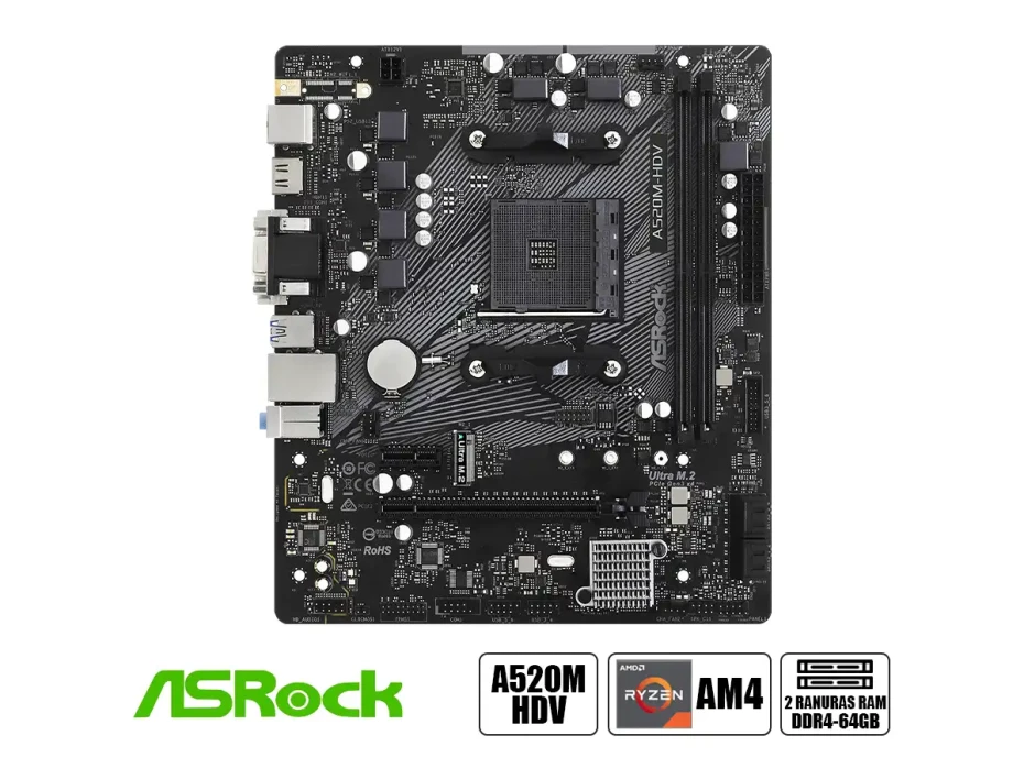 Placa Madre Asrock A520m-hdv (90-mxbe50-a0uayz) Socket Am4, Ram Ddr4 Buss 4733oc Mhz