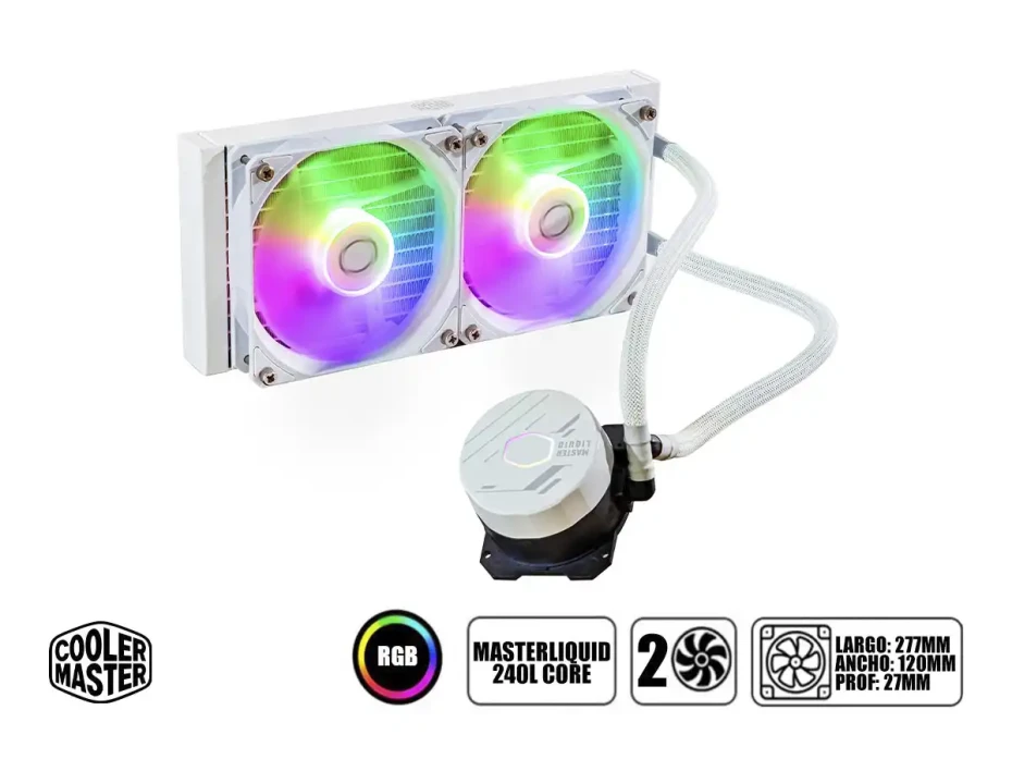 Sistema De Enfriamiento Liquido Cooler Master Masterliquid 240l Core White (mlw-d24m-a18pz-rw) 2 Ventiladores, 240mm, Led Argb, Blanco