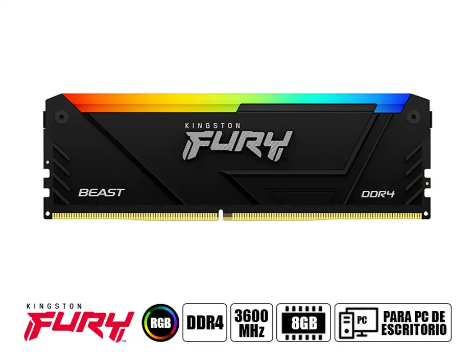 Memoria Ram Kingston Fury Ddr4 8gb Beast (kf436c17bb2a/8) 3600 Mhz, Negro, Rgb