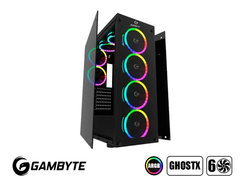 Case Gambyte Ghostx S/fuente (gi-ghostx-ai) Paneles De Vidrio, 6 Ventiladores, Led Argb, Negro