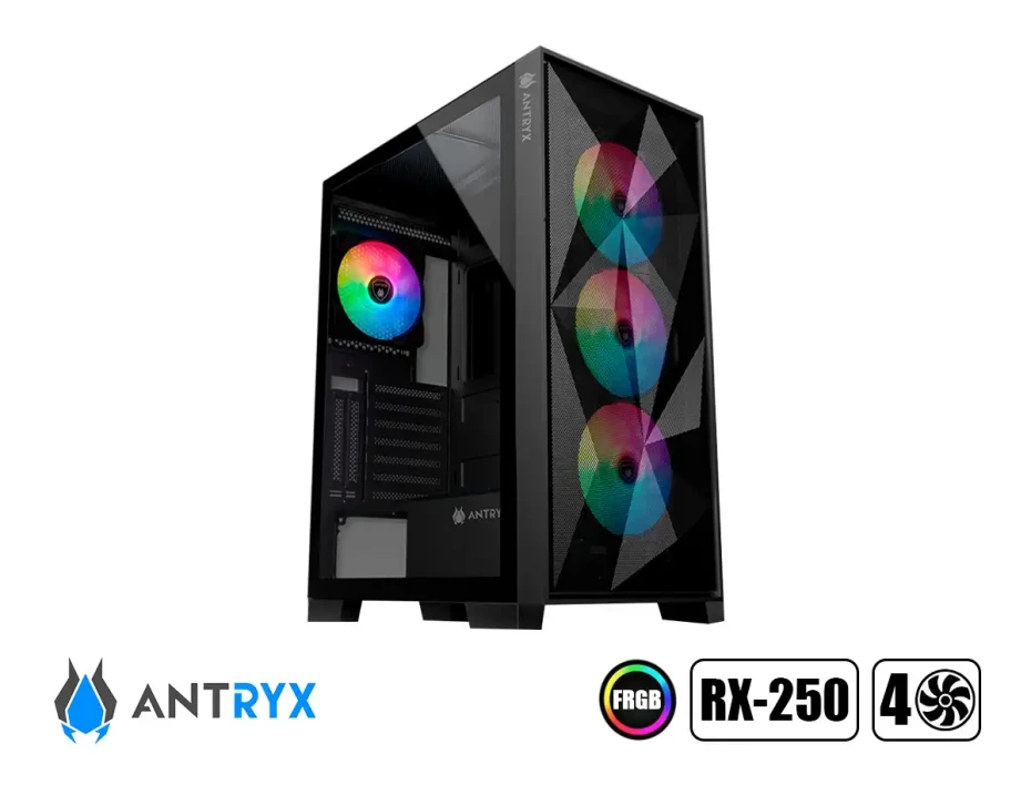 Case Antryx Rx-250 Gaming S/fuente (ac-rx250kfr) Panel De Vidrio, 4 Ventiladores, Led Frgb, Negro