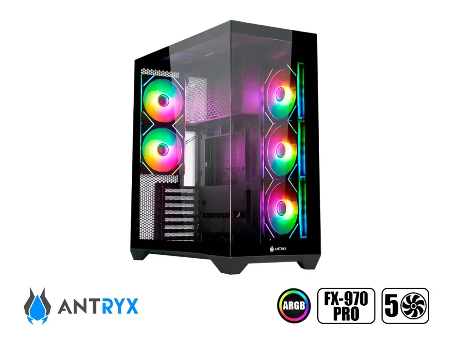 Case Antryx Fx970 Pro Black Gaming S/fuente (ac-fx970k) 2 Panel De Vidrio, 5 Ventiladores Argb