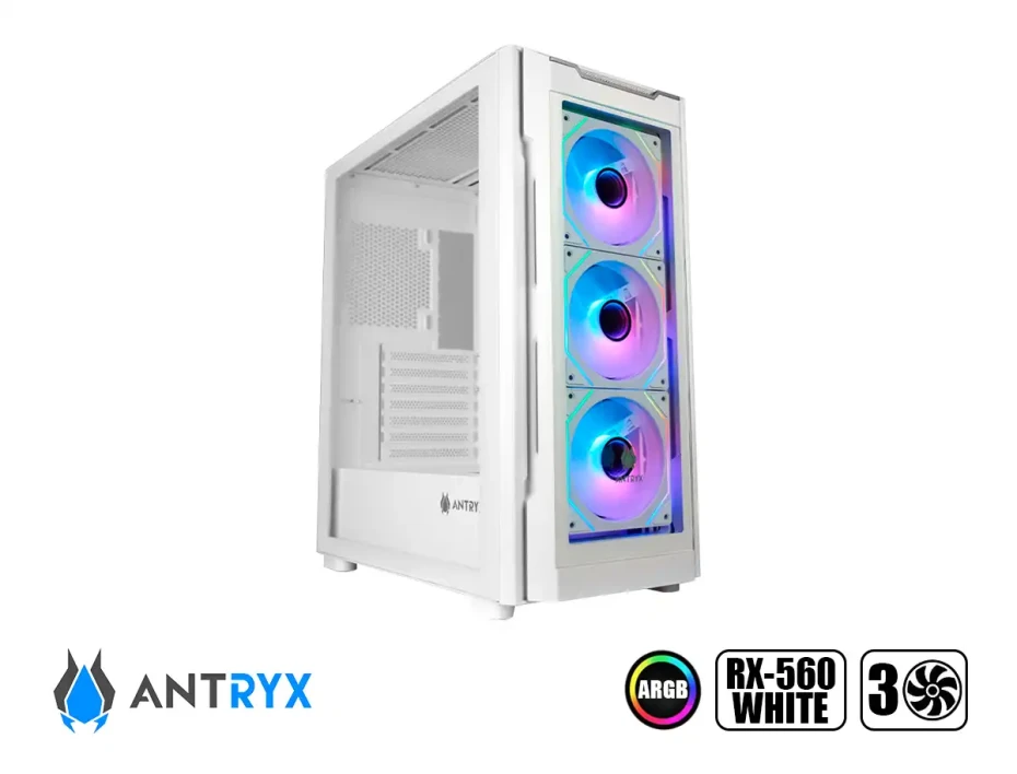 Case Antryx Rx-560 White S/fuente (ac-rx560w) Panel De Vidrio, 3 Ventiladores, Led Argb, Blanco