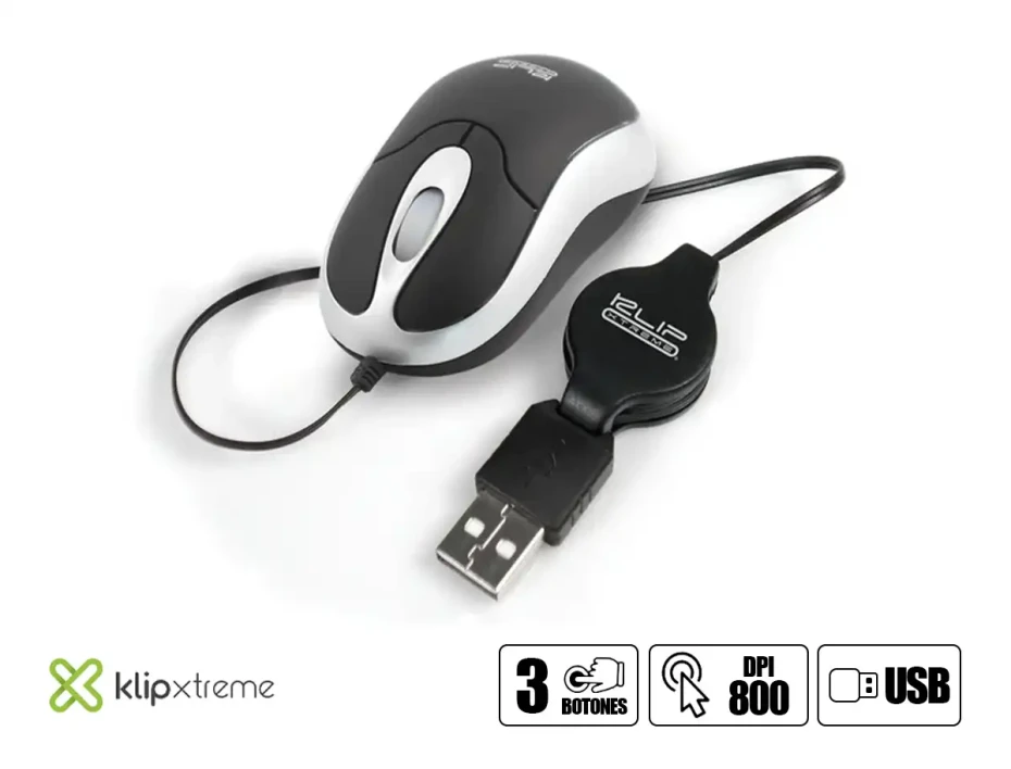 Mouse Klip Mini Retractil (kmo-103) Hasta 800 Dpi, 3 Botones, Negro Con Plomo