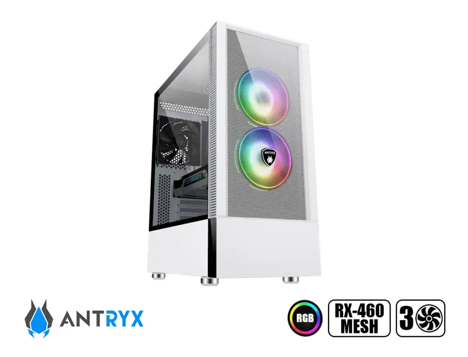 Case Antryx Rx-460 Mesh White S/fuente (ac-rx460mw) Panel De Vidrio, 3 Ventiladores, Led Argb, Blanco