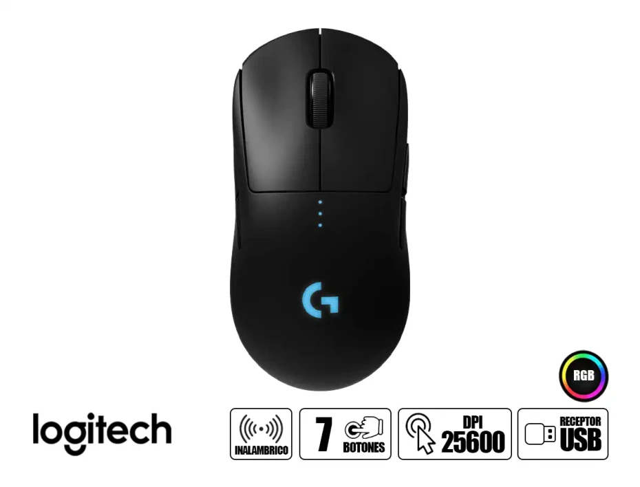 Mouse Logitech G Pro Wireless Gaming (910-005270) Hasta 25.600 Dpi, 7 Botones, Receptor Usb, Rgb, Negro