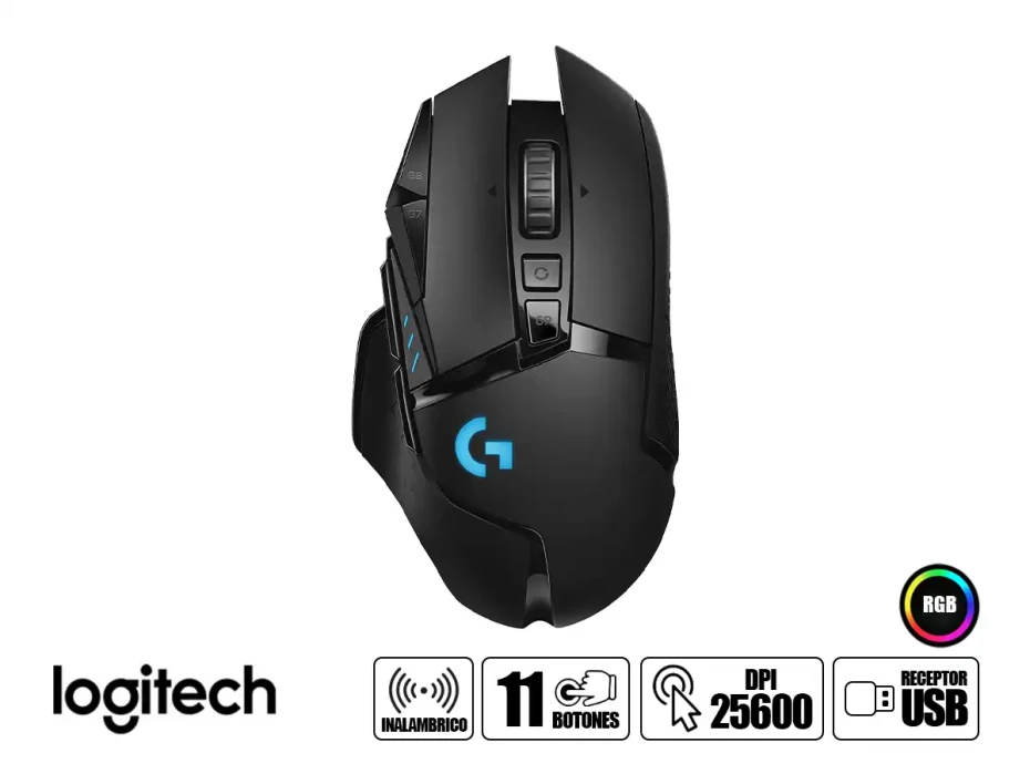 Mouse Inalambrico Logitech Gaming G502 Lightspeed (910-005565) Hasta 25.600 Dpi, 11 Botones Programables, Receptor Usb, Rgb, Negro