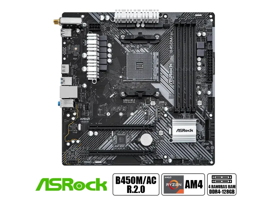 Placa Madre Asrock B450m/ac R.2.0 (90-mxbef0-a0uayz) Socket Am4, Ram Ddr4 Buss 3200 Mhz, Wifi