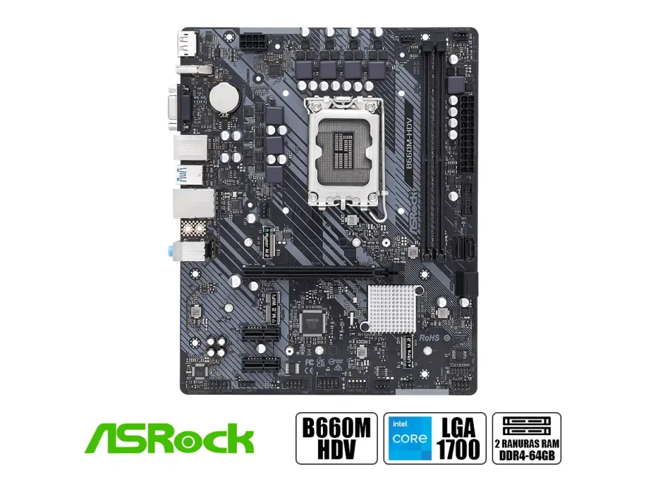 Placa Madre Asrock B660m-hdv (90-mxbh40-a0uayz) Socket Lga 1700, Ram Ddr4 Buss 5066oc Mhz, 13va, 12va Gen