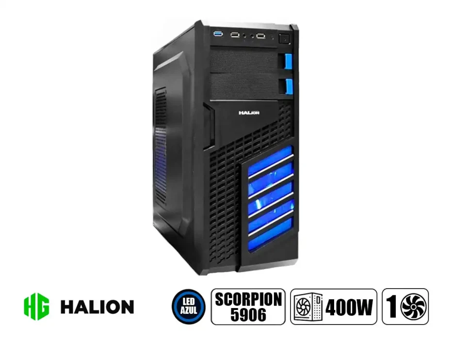 Case Halion Scorpion 5906 Fuente 400w (c-ha-scorpion 5906bb) 1 Ventilador, Led Azul, Azul Con Negro