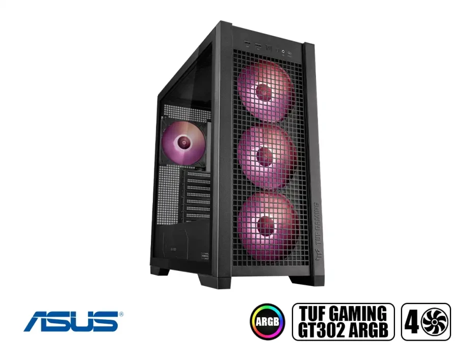 Case Asus Tuf Gaming Gt302 Argb Blk S/fuente (gt302argbblack) Panel De Vidrio, 4 Ventiladores, Argb, Negro