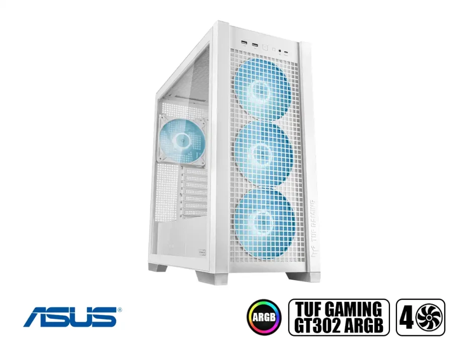 Case Asus Tuf Gaming Gt302 Argb Wht S/fuente (tuf Gt302 Argb Wht) Panel De Vidrio, 4 Ventiladores, Argb, Blanco