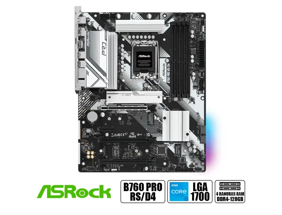 Placa Madre Asrock B760 Pro Rs/d4 (90-mxbl80-a0uayz) Socket Lga 1700, Ram Ddr4 Buss 5333oc Mhz, 14va, 13va, 12va Gen, Rgb