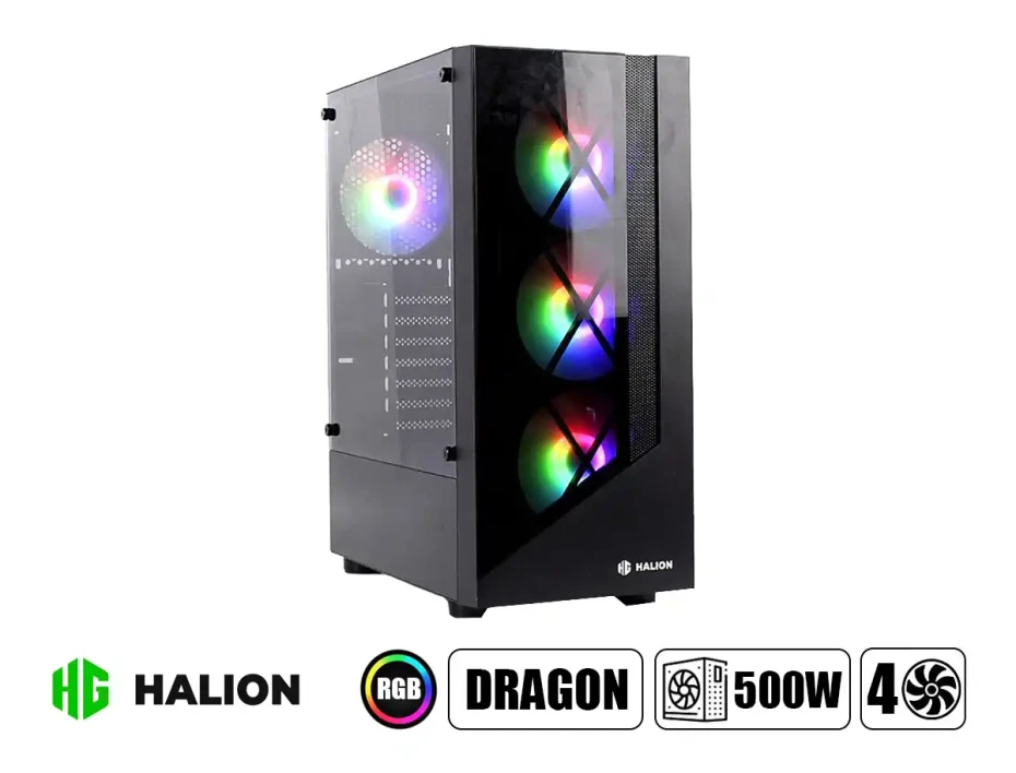 Case Halion Dragon Fuente 500w (cf 500 Dragon Cr15) Panel De Vidrio, 4 Ventiladores, Led Rgb, Negro