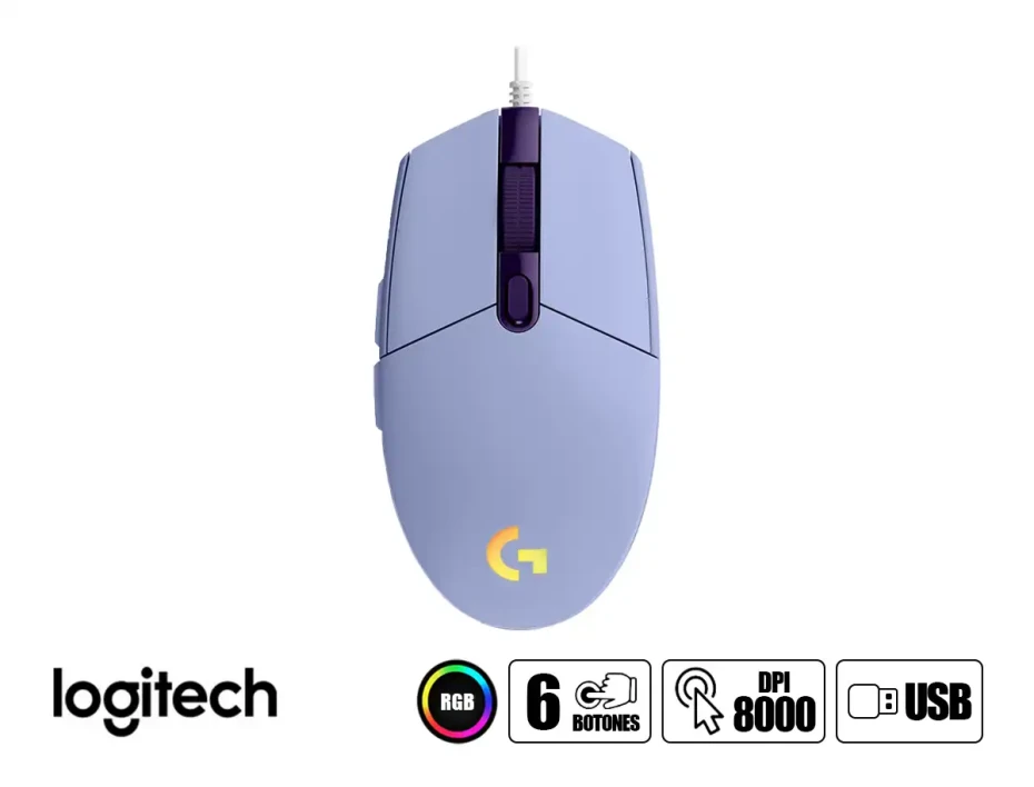 Mouse Logitech G203 Lightsync Gaming (910-005851) Hasta 8000 Dpi, 6 Botones Programables, Rgb, Lila