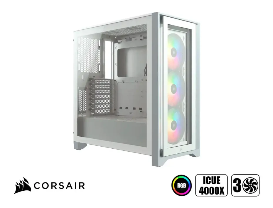 Case Corsair Icue 4000x Rgb S/fuente (cc-9011205-ww) Panel De Vidrio, 3 Ventiladores, Led Rgb, Blanco