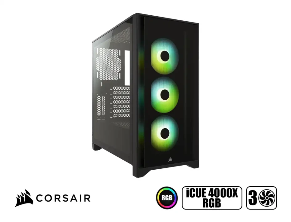 Case Corsair Icue 4000x Rgb S/fuente (cc-9011204-ww) Panel De Vidrio, 3 Ventiladores, Led Rgb, Negro