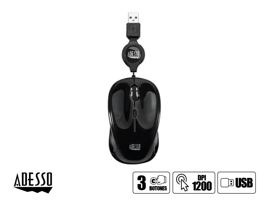 Mouse Mini Adesso Imouse S8b (imouse S8b) Hasta 1200 Dpi, 3 Botones, Retractil, Negro