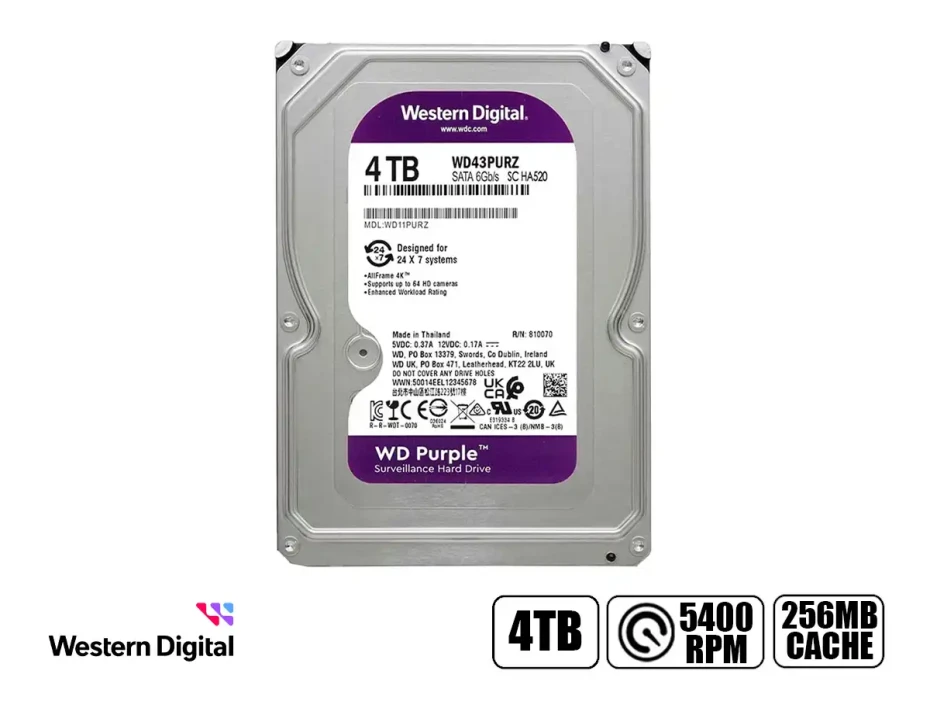 Disco Duro Western Digital 4tb (wd43purz) Cache 256mb, 5400 Rpm, 3.5", Sata 6, Para Video Vigilancia, Purpura