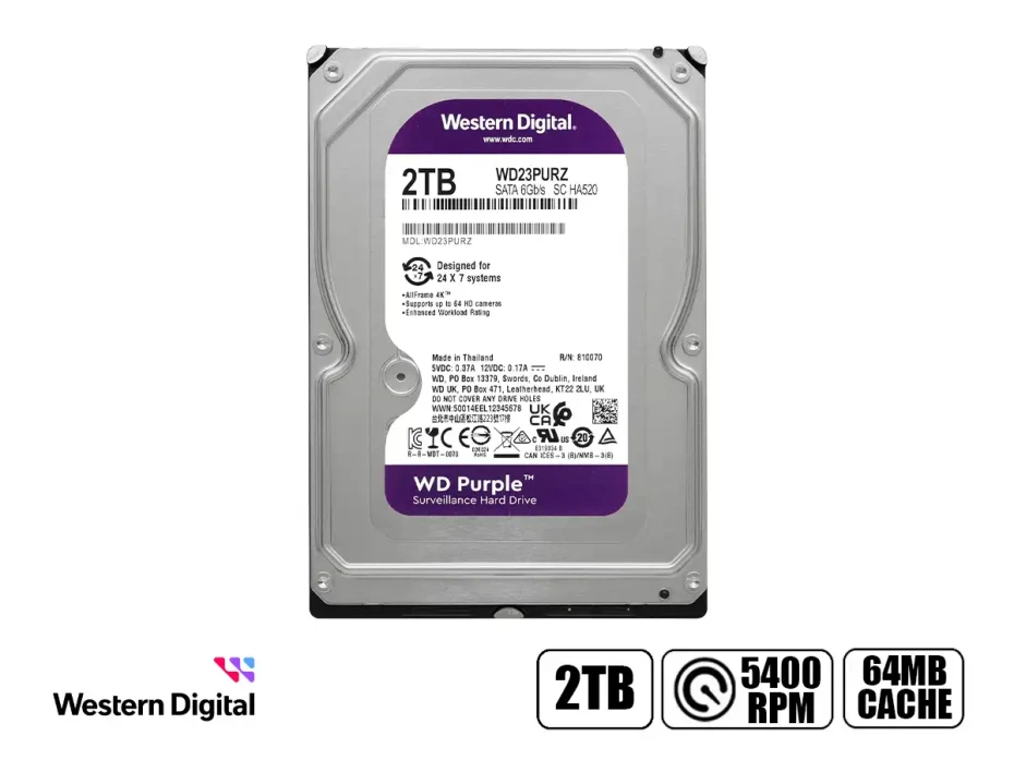 Disco Duro Western Digital 2tb (wd23purz) Cache 64mb, 5400 Rpm, 3.5", Sata 6, Para Video Vigilancia, Purpura