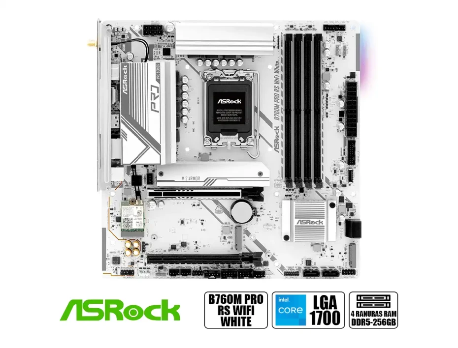 Placa Madre Asrock B760m Pro Rs/d5 Wifi White (b760mprorswifiwhite) Socket Lga 1700, Ram Ddr5 Buss 5333oc Mhz, 14va, 13va, 12va Gen, Rgb