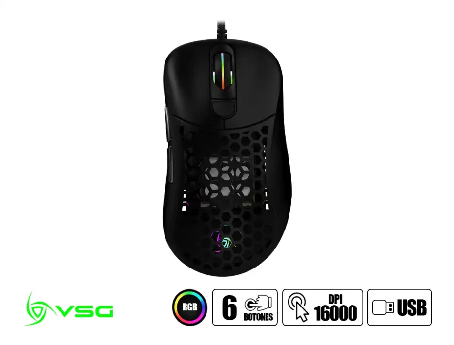 Mouse Vsg Gamer Aquilar Air Negro Brillante (vg-m550-blk-glo) Hasta 16.000 Dpi, 6 Botones, Rgb