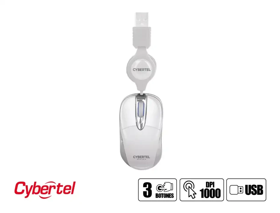 Mouse Cybertel Sputnik Cyb M204w (cyb M204w) Hasta 1000 Dpi, 3 Botones, Retractil, Blanco