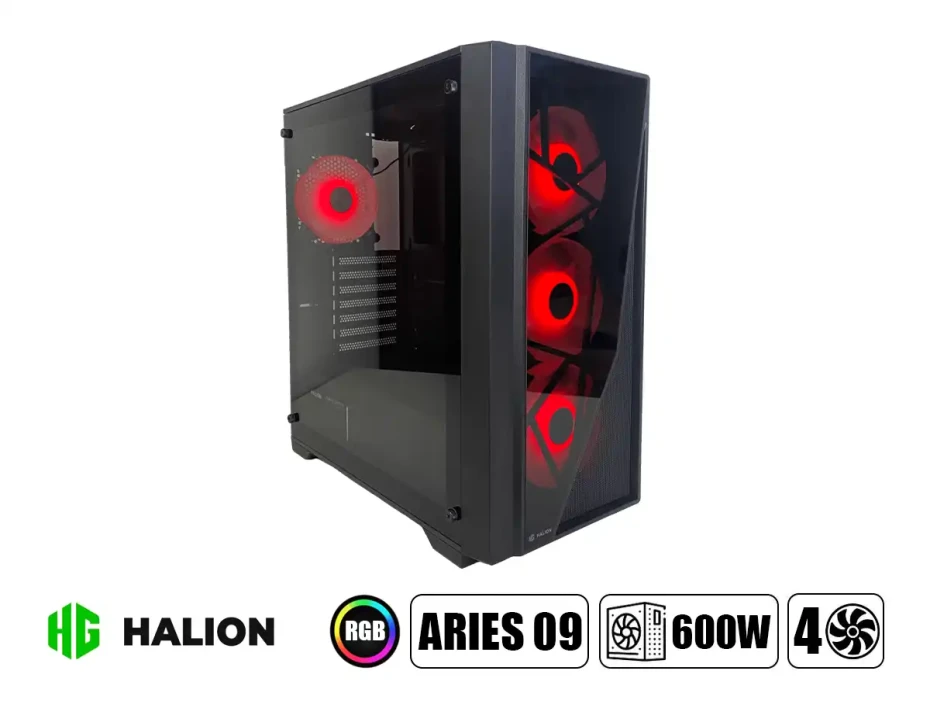 Case Halion Aries 09 Fuente 600w (c-ha-aries-a09) Paneles De Vifrio, 4 Ventiladores, Led Rgb, Negro