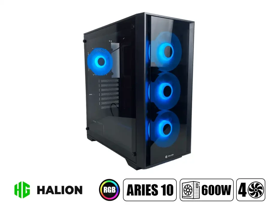 Case Halion Aries 10 Fuente 600w (c-ha-aries-a10) Paneles De Vidrio, 4 Ventiladores, Led Rgb, Negro