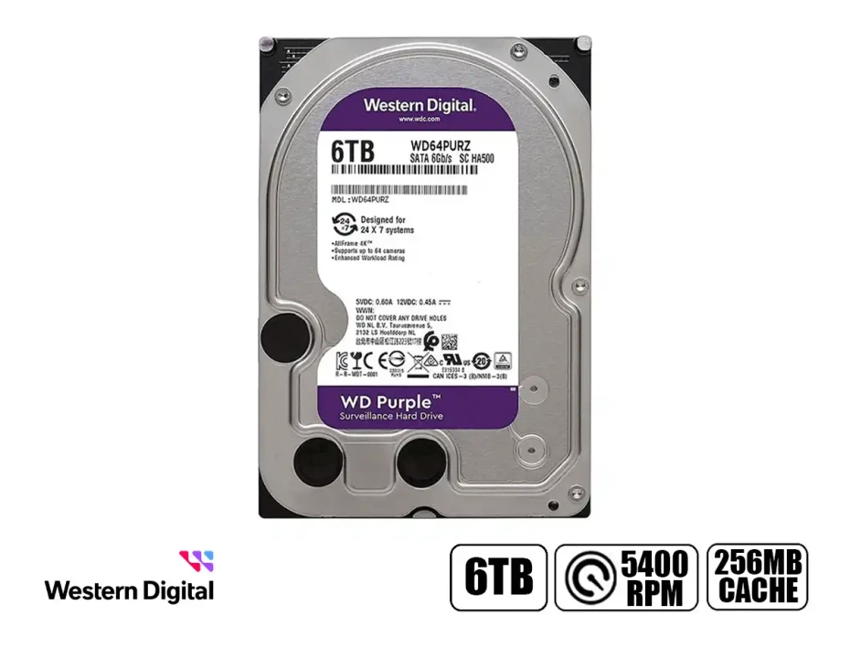 Disco Duro Western Digital 6tb (wd64purz) Cache 256mb, 5400 Rpm, 3.5", Sata 6, Para Video Vigilancia, Purpura