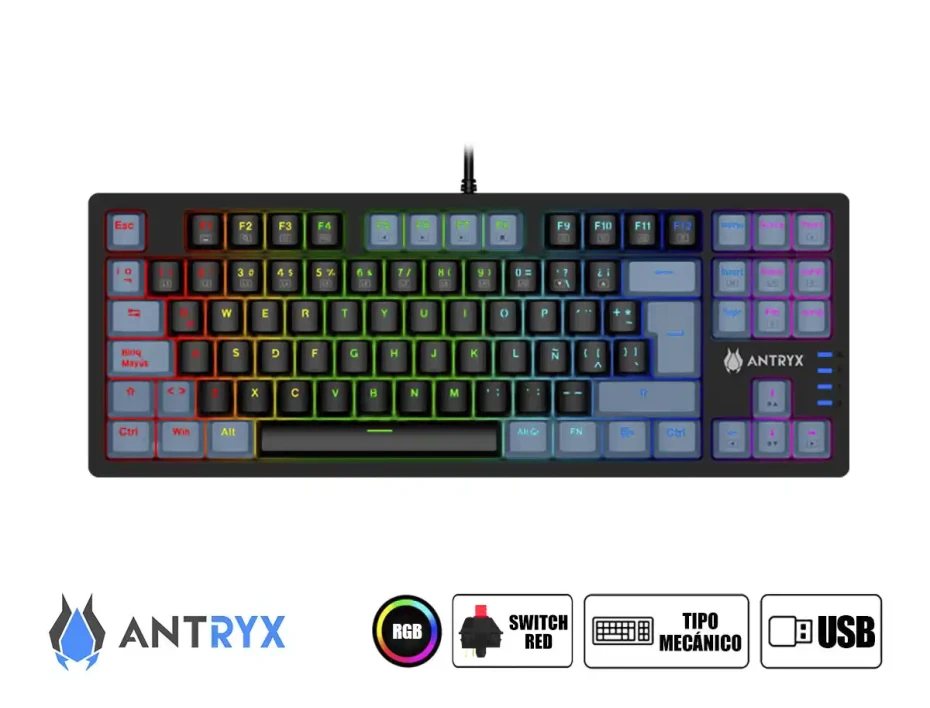 Teclado Gamer Antryx Tkl Mk-840l (amk-cs840lkgre-sp) Mecanico, Switch Red, Led Rgb, Negro Y Gris