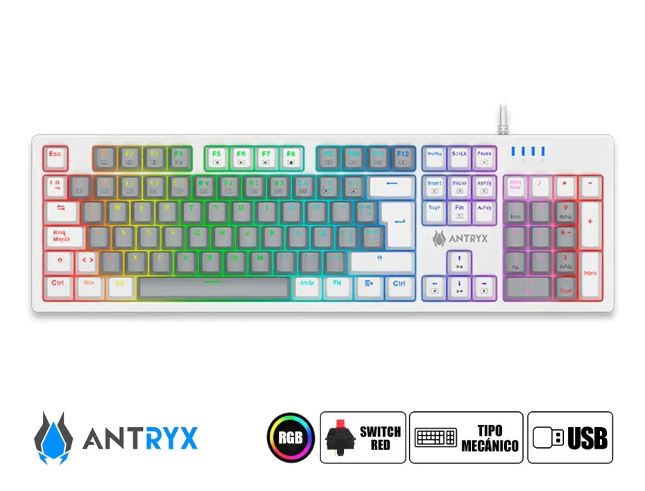 Teclado Gamer Antryx Mk-860l White (amk-cs860lwgre-sp) Mecanico, Switch Red, Led Rgb, Blanco Y Gris