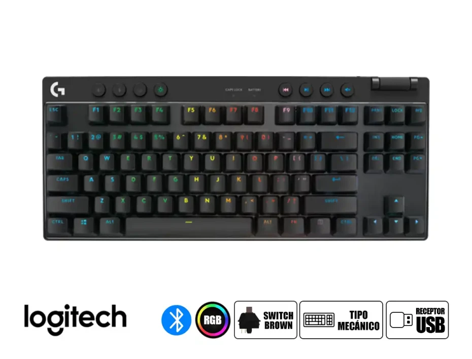 Teclado Gamer Inalambrico Logitech Pro X Tkl (920-012127) Mecanico, Switch Brown, Led Rgb, Negro