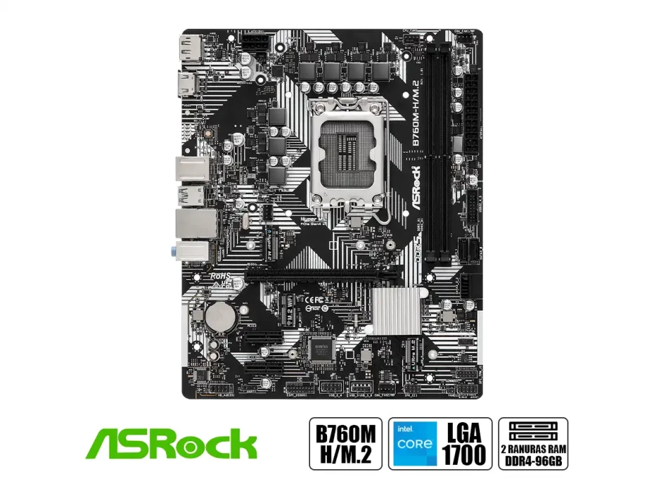 Placa Madre Asrock B760m-h/m.2 (90-mxbm40-a0uayz) Socket Lga 1700, Ram Ddr5 Buss 7200oc Mhz, 14va, 13va, 12va Gen