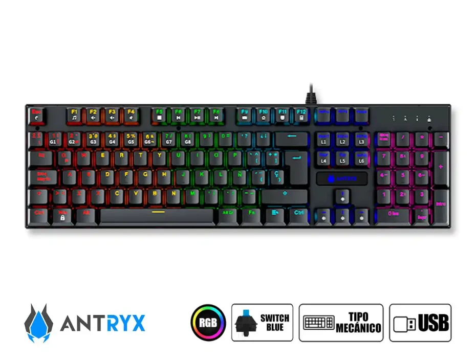 Combo 2 En Uno Antryx Gc-3100 Black (agc-3100kbl-sp) Teclado Switch Blue, Led Rgb, Mouse 8 Botones, 7200 Dpi, Negro