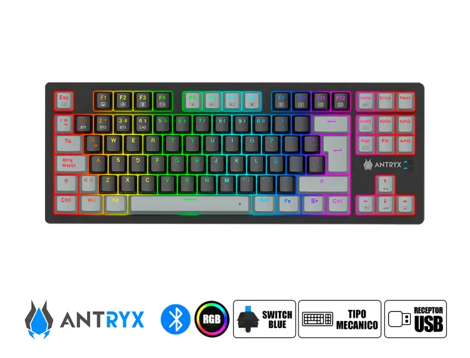 Teclado Gamer Inalambrico Antryx Tkl Mk-845 Trix (amk-845txkbl-sp) Mecanico, Switch Blue, Led Rgb, Negro Y Gris